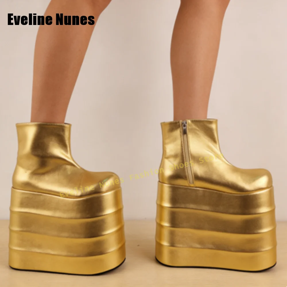Golden Platform Sexy Y2K Ankle Boots Round Toe Height Increase Solid Side Zip Women Fashion Boots 2025 Spring Catwalk Shoes New