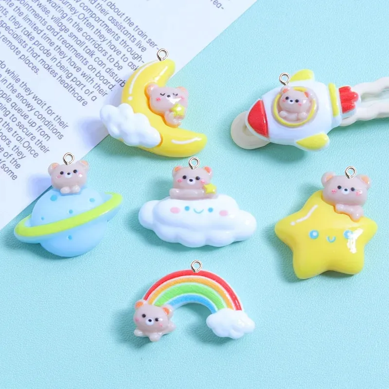 10Pcs Kawaii Outer Space Teddy Bear Resin Pendant DIY Earrings Necklace Pendants Bracelet Keychain Decoration Flat Back Resin