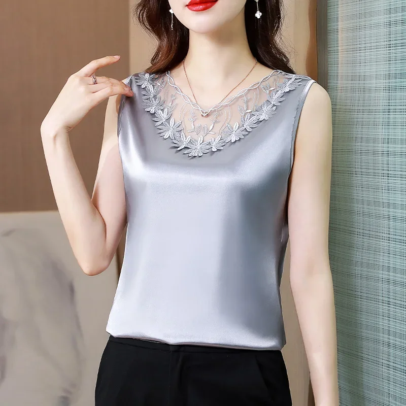 Casual Slim Solid Lace Satin Tops Elegant Sleeveless Silk Clothes Summer Hollow Flower Embroidery Women Blouses and Shirts 24672