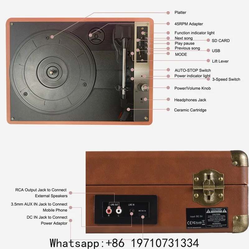 Generic Vintage Vinyl Record Player – Portable Turntable with Bluetooth, Support 33, 45, 78 RPM for 7-12 Inch Vinyl