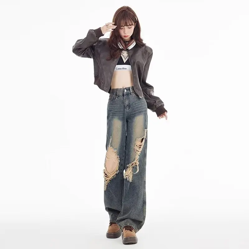 Jean ผู้หญิงตรงกางเกงยีนส์สุภาพสตรีเสื้อผ้าผู้หญิงกางเกงยีนส์เอวสูง Y2k Shoujo สาวสไตล์ผู้หญิงกว้างกางเกง Coquette Baggy ขา