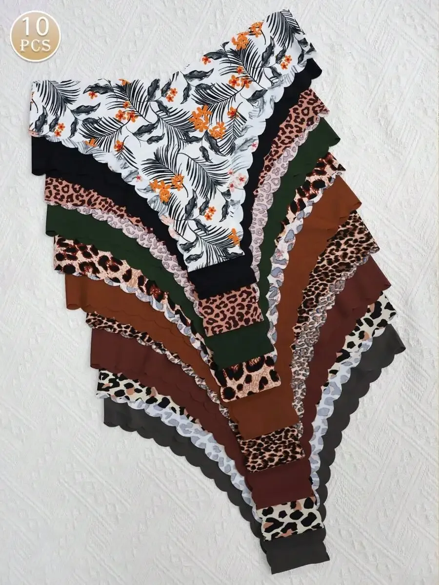 

10pcs Women Seamless Wavy Edge Triangle Bikini Panties Breathable Soft Skin Friendly Fabric
