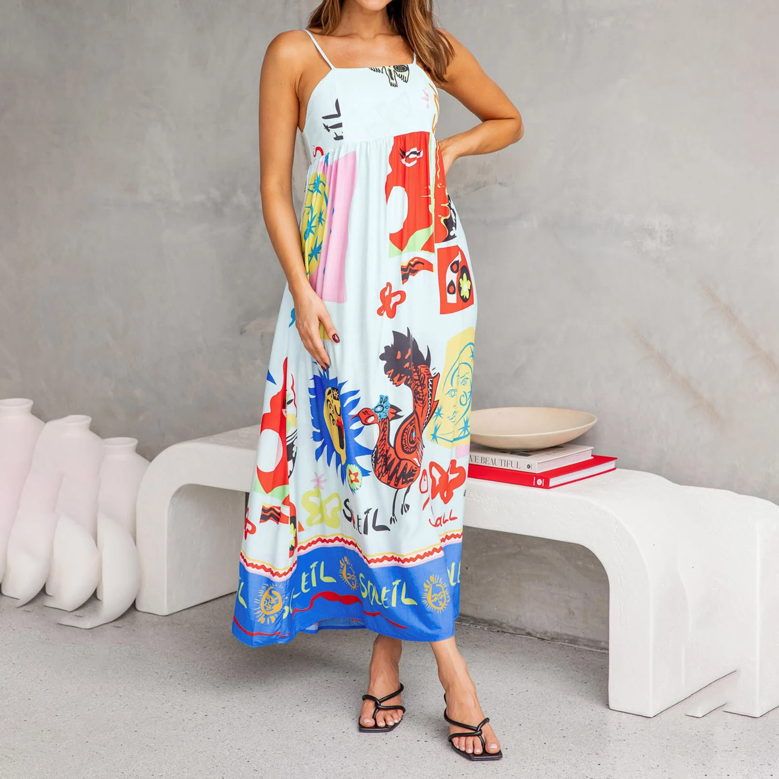 Women's Bohemian Sling Dress Summer Cartoon Print Sleeveless Tie Back A-Line Party Dress for Vacation Cocktail Beach Clothes