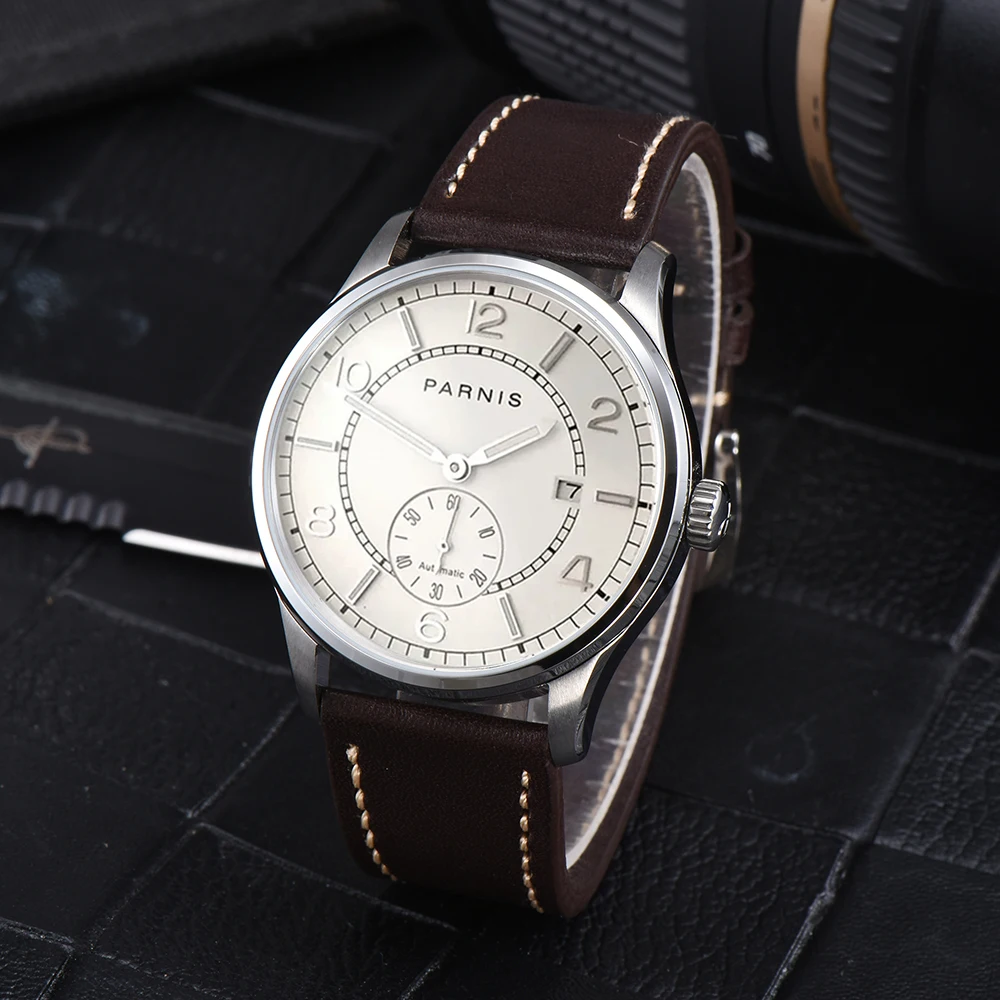 Новые Parnis 41,5 мм серебряный корпус из нержавеющей стали автоматические механические мужские часы кожаный ремешок календарь мужские часы reloj hombre Новые Parnis 41,5 мм серебряный корпус из нержавеющей стали автоматические механические мужские часы кожаный ремешок календарь мужские часы reloj hombre