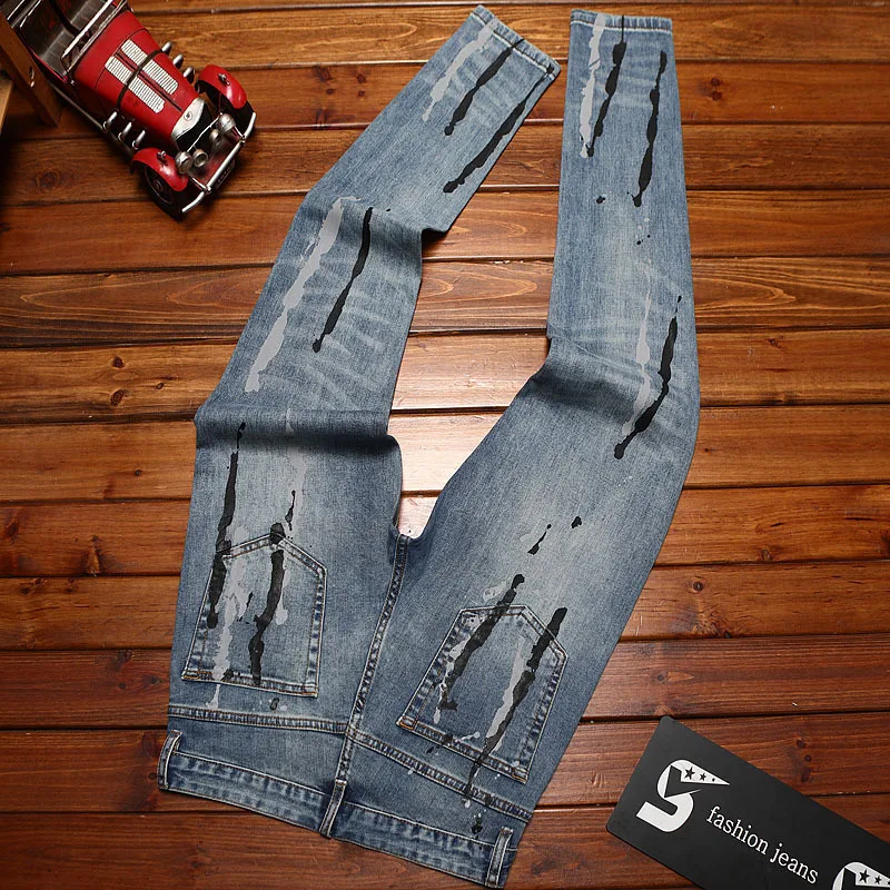 Printed inkjet jeans, men's fashion trend, Street Men's clothing, casual slim fit, small feet, retro denim pants