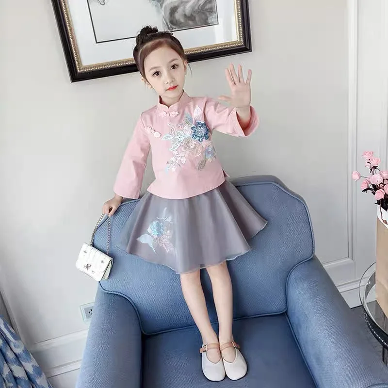 Chinese Style Pink Long Sleeve Flower Embroidery Shirt+Mesh Tutu Skirt Outfit For 3-12Years Girls Clothing Sets