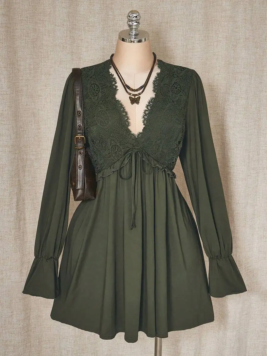 

Olive Green Lace Patchwork V-Neck Mini Dress with Bell Sleeves