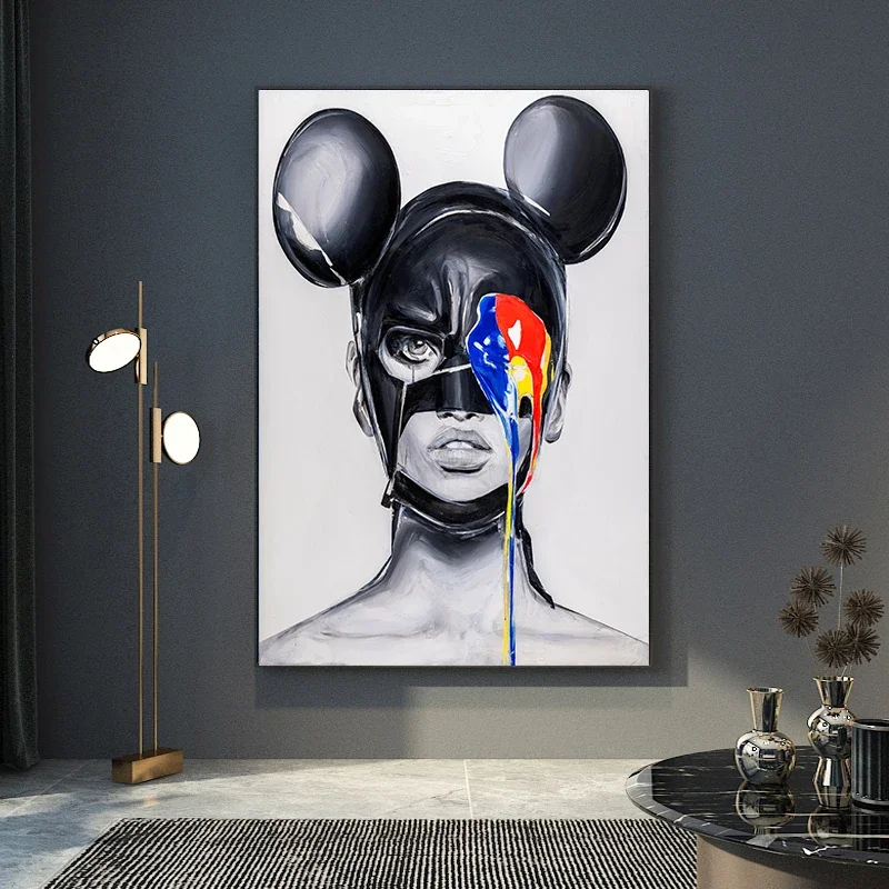 Mickey Bat Woman Wall Art Canvas Painting Colorful Pigment Face Mask Poster Prints Modern Abstract Figure Picture Living Room