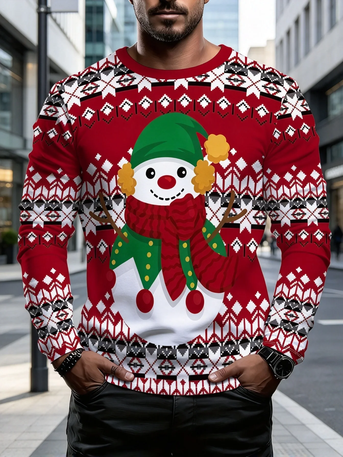Men Long Sleeve Tshirt Snowman Snowflake Fair Isle 3D Print Autumn Winter Holiday Party Casual Tops New Year Gift Men's Clothing