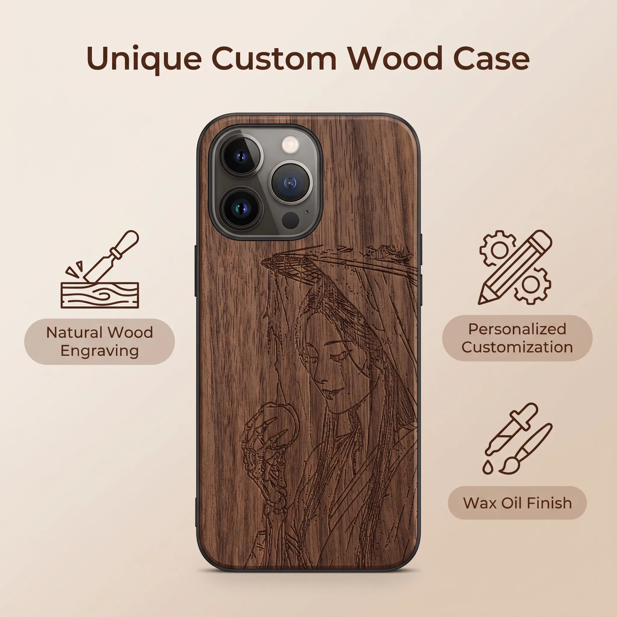 Personalisierbare Holzhülle mit Gravur für iPhone 18 17 16 15 14 13 12 Pro Max Plus, Foto, Name, Logo, Lasergravierte Holzschale, Funda