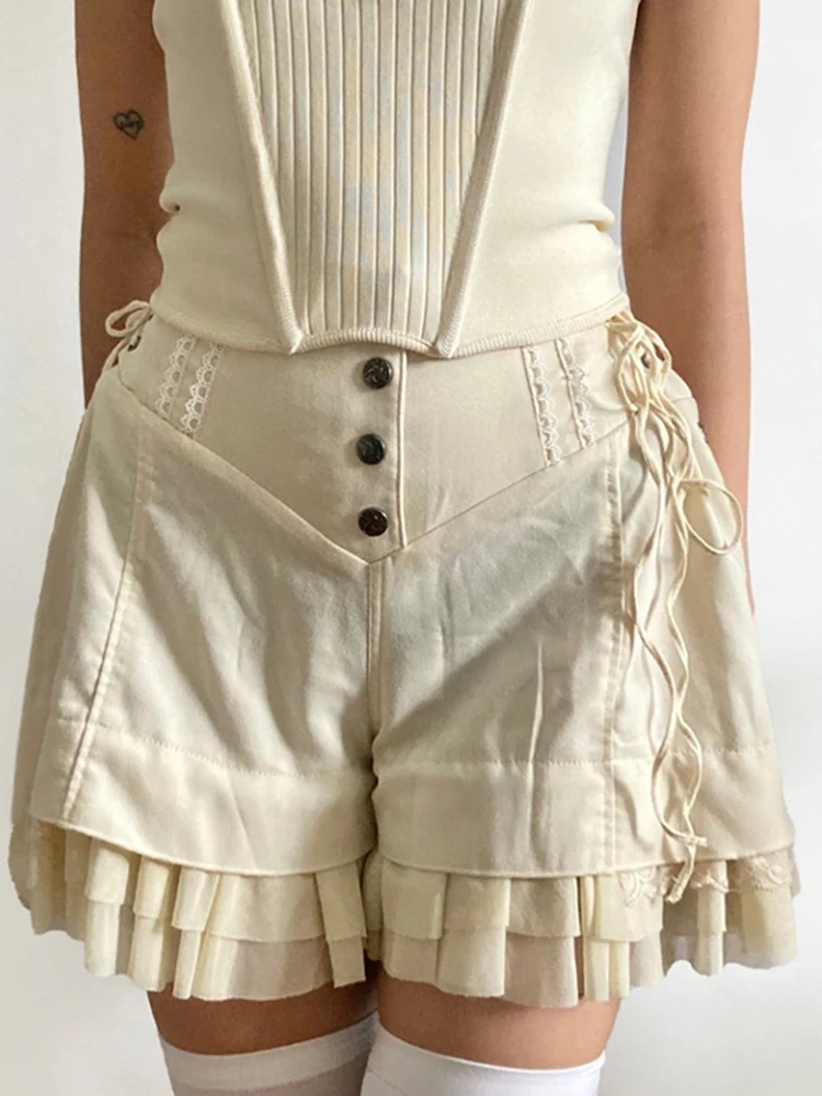 Y2K Fairycore винтажные шорты 2000-х годов с высокой талией, мешковатые брюки с оборками, повседневные женские шорты на пуговицах с боковой повязкой