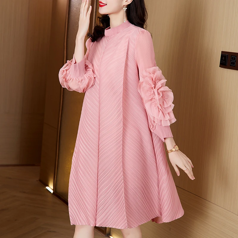 2024 New High Quality Miyake Pleated Pink Dress Oversize Loose Women Stand Collar Petal Sleeve Causl  Petal High Stretch Clothes