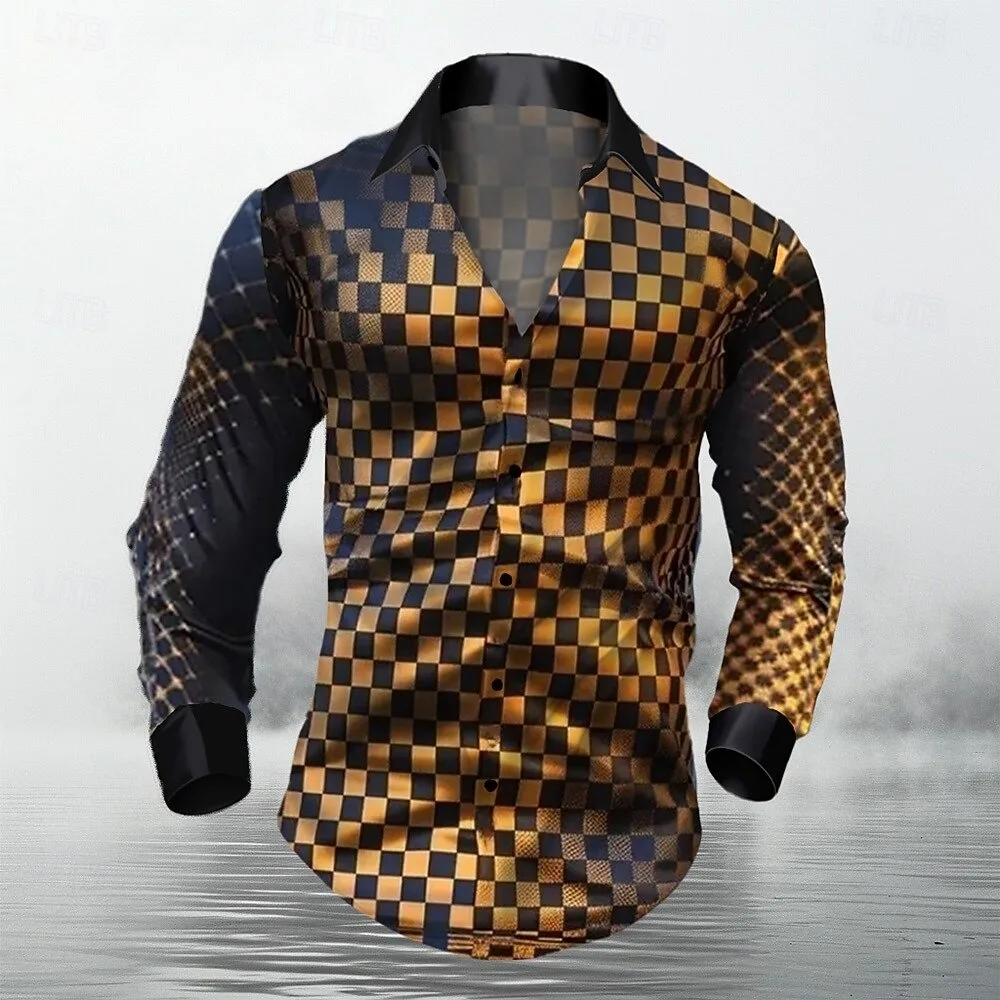 New men's long sleeved shirt, casual and fashionable checkered shirt, lapel single breasted long sleeved men's clothing