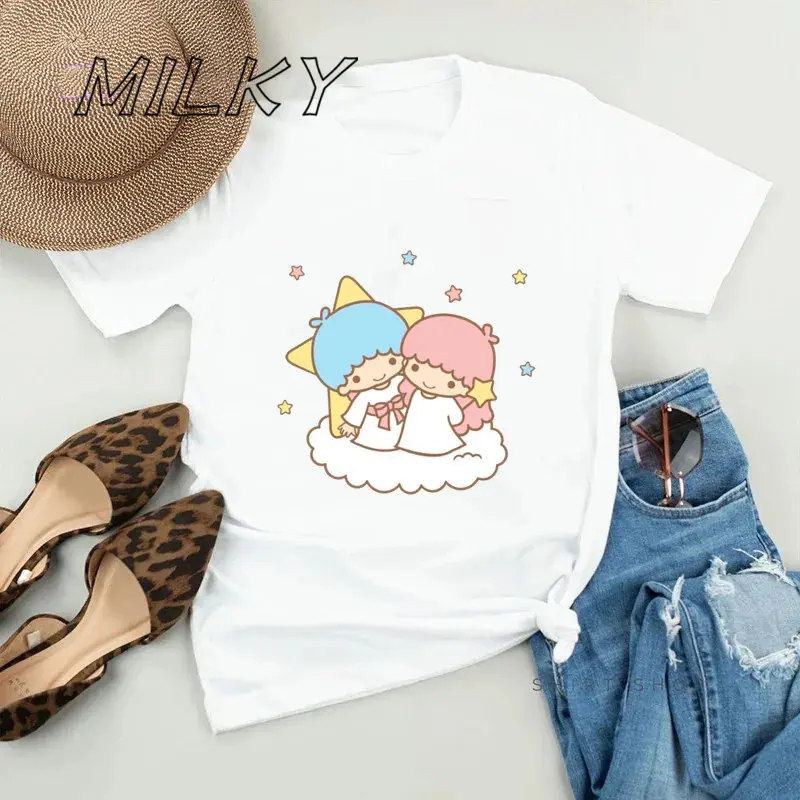 New Fashion Women T-shirt Little Twin Star Print Short Sleeve and Round Neck Cute Graphic Tee Shirts Korea Female Tops Clothing