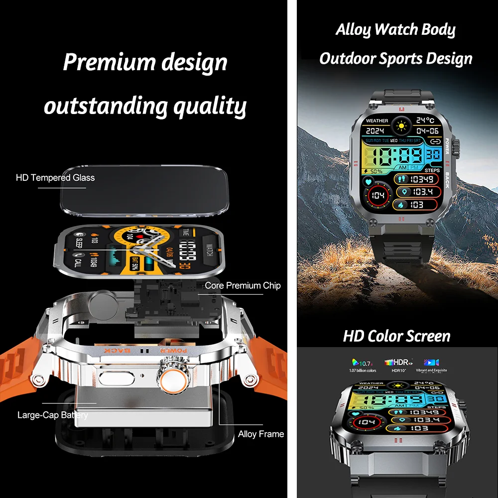 2025 Outdoor Men's Smart Watch 1.96'' HD Bluetooth Call Heart Rate Blood Oxygen Sports Mode Fitness Smartwatch For Android IOS