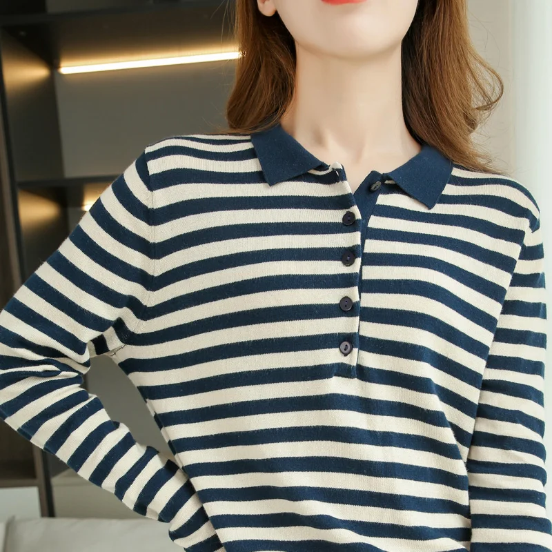 เสื้อยืดแขนยาวผ้าฝ้ายผู้หญิงถักคอโปโลลายทางกระดุมลําลองสไตล์ใหม่ปี 2025