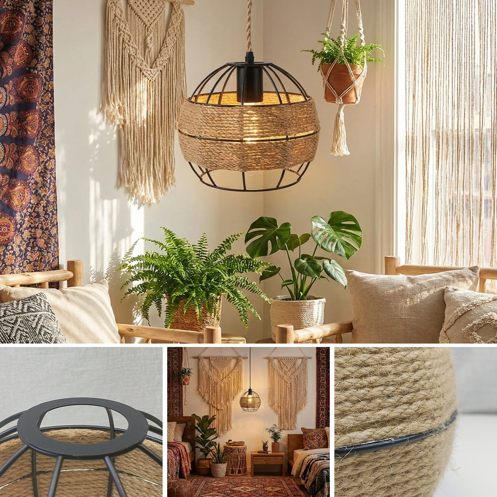 Farmhouse Pendant Lamp, Sphere Rope Woven Black Metal Cage for Living Room Bedroom Decor