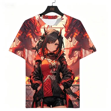 Unisex 3D Printed T-shirt, Japanese Samurai Sword Girl Anime Personalized Short Sleeved Fashionable Top