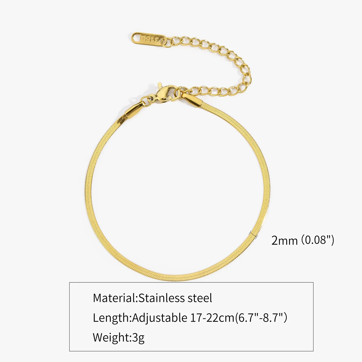 2-5 mm Edelstahl-Kettenarmband für Damen und Herren, goldfarben, Schlangenkette, mit verlängerter Kette, wasserdicht, Party-Schmuck – Detail 6