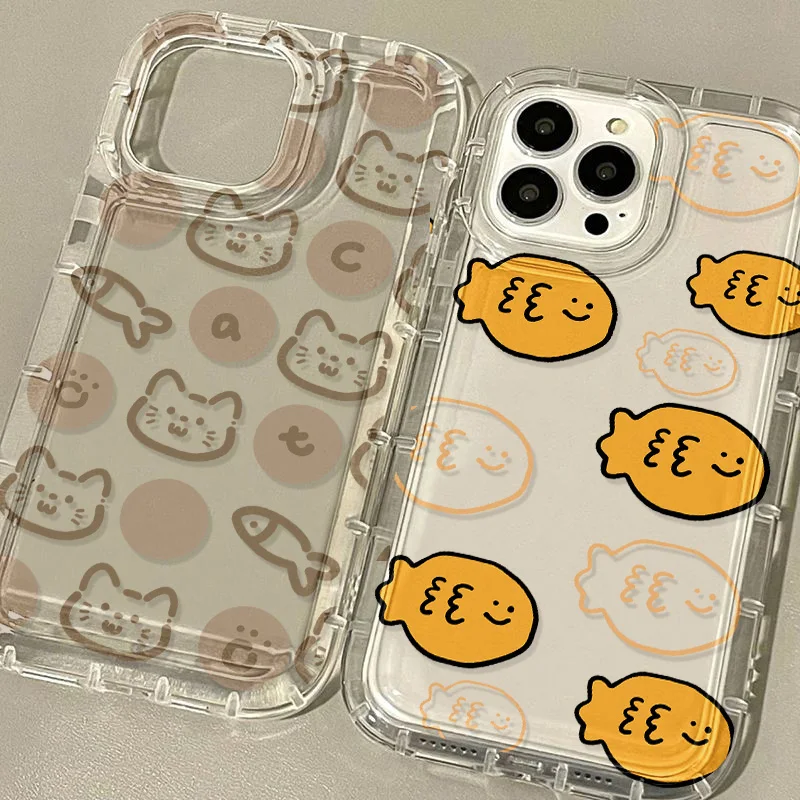 Cartoon Cute Cat Fish Transparent Phone Case For iPhone 13 Case iPhone 15 11 12 16 14 Pro Max X XS XR 7 8 Plus SE 2 Soft Cover