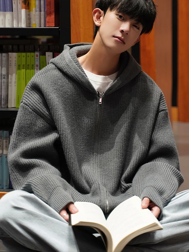 

Удобный мужской кардиган с капюшоном, свободный универсальный вязаный свитер для повседневной носки весной и осенью