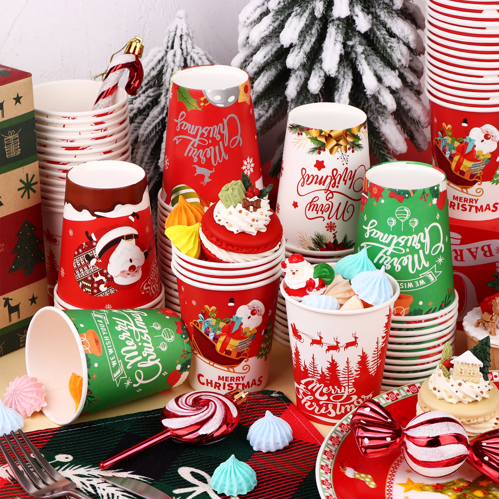 120 Pcs 9 Oz Christmas Disposable Cups Thickened Christmas Paper Cups Xmas Hot Chocolate Cocoa Coffee Tea Cups Xmas Disposable P