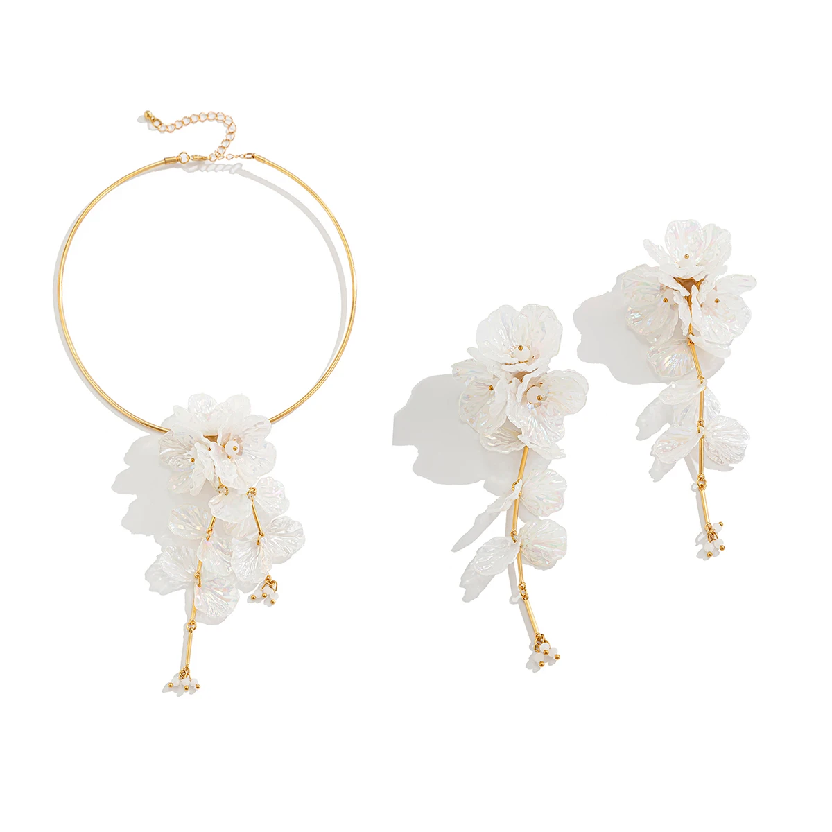 Creative Punk Torques Chain Necklace and White Flower Drop Earrings Set