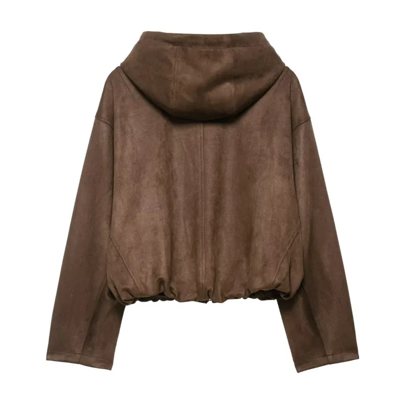 여성 스웨이드 재킷 후드 드로스트링 가을 여성 시크 탑 긴 소매 포켓 지퍼 여성용 인조 코트