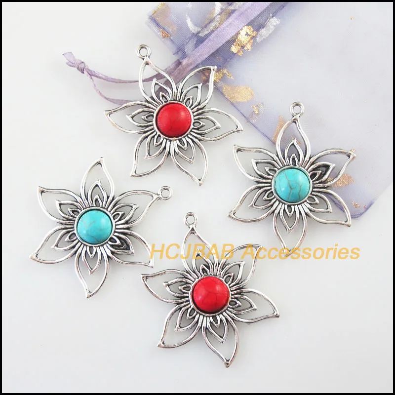 Fashion 4Pcs Retro Tibetan Silver Tone Sun Flower Blue&Red Stone Charms Pendants 37.5x47mm