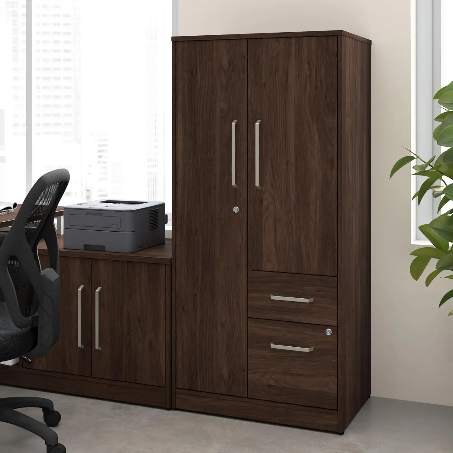 Vista Wardrobe Cabinet With Drawers, Storage For Office Organization, Commercial-Grade, Vista Collection, Modern, Dark Brown