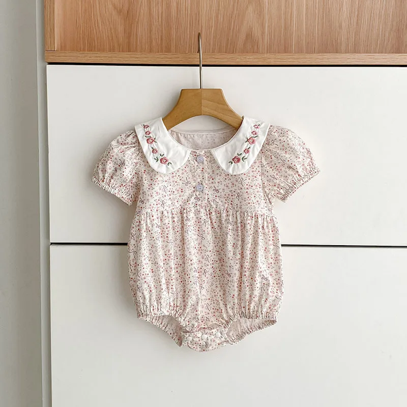 Baby Girl Bodysuit Summer Floral Embroidered Collar Romper Soft Cotton Newborn Infant Cute Outfit Daily Outdoor Photoshoot 0-24M