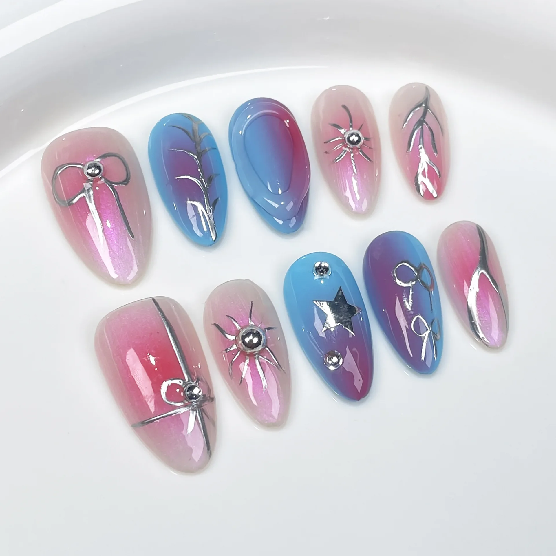 Handmade Press on Nails with Colorful Hand-Painted Lines, Bow & Glitter, Almond False Nails 10pcs Set for Women