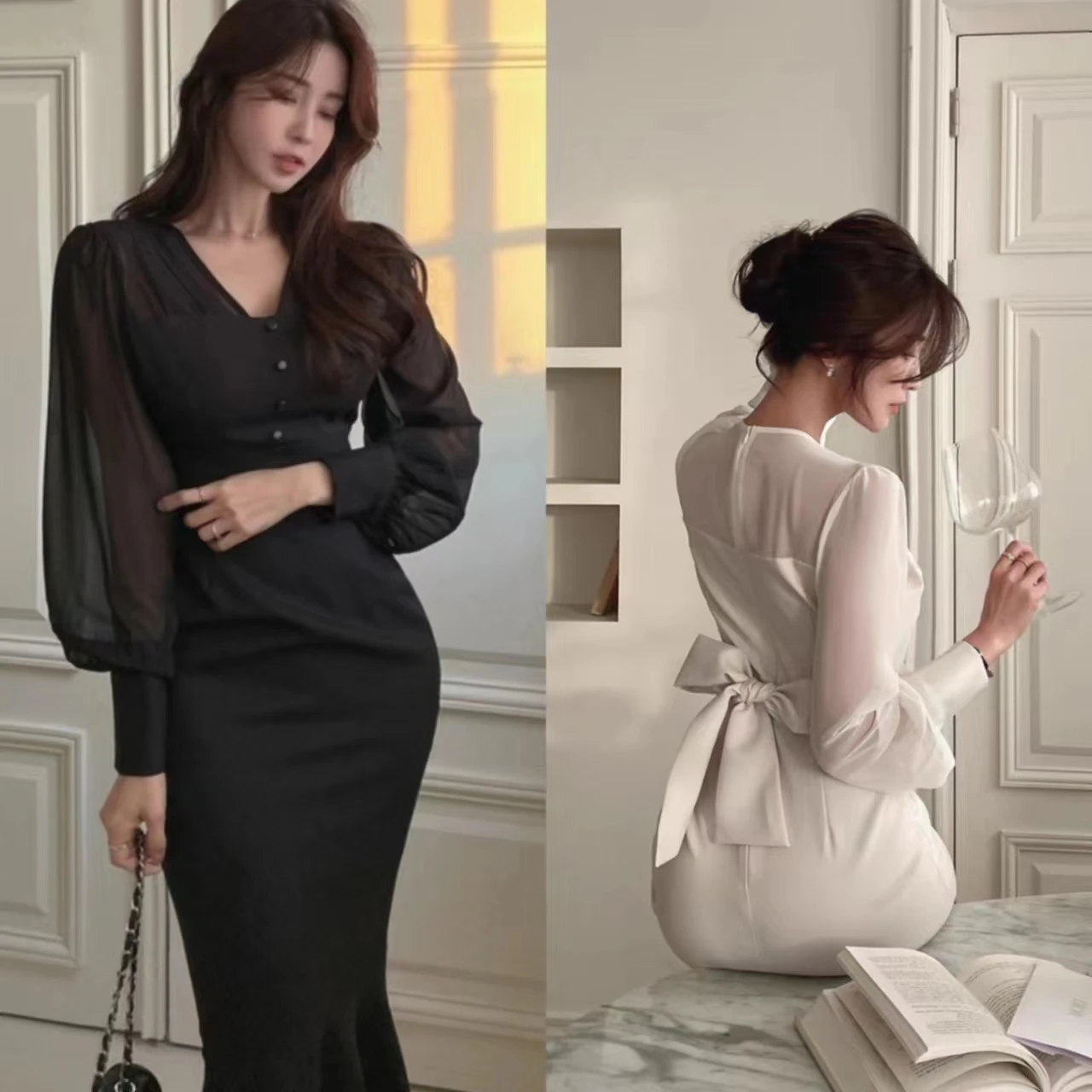 2023 Korean Office Lady Dress Black Mesh Bubble Sleeve Slim Mermaid Dress OL Temperament Dress Elegant White Gentle Long Dress