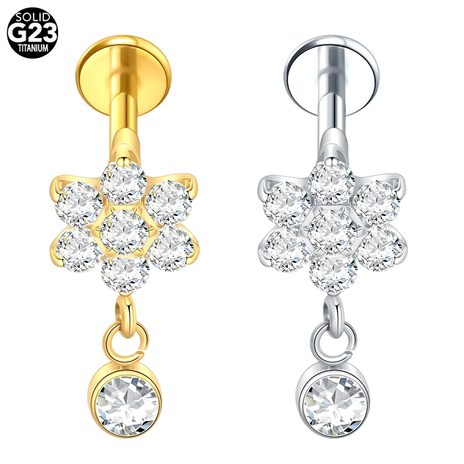 1/5pcs Titanium Flower Zircon Pendant Stud Earring 16G Internally Threaded Cartilage Tragus Lobe Helix Piercing Body Jewelry