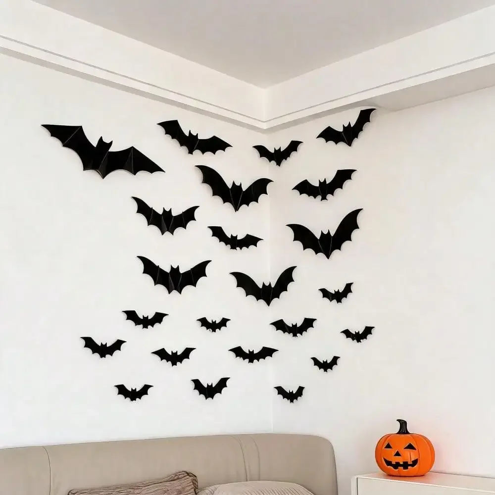 Glow-In-The-Dark 3D Bat Wall Stickers For Kids Room Decor - Waterproof Removable PVC Halloween Wall Decals For Bedroom, Window & Party , 24-Pack