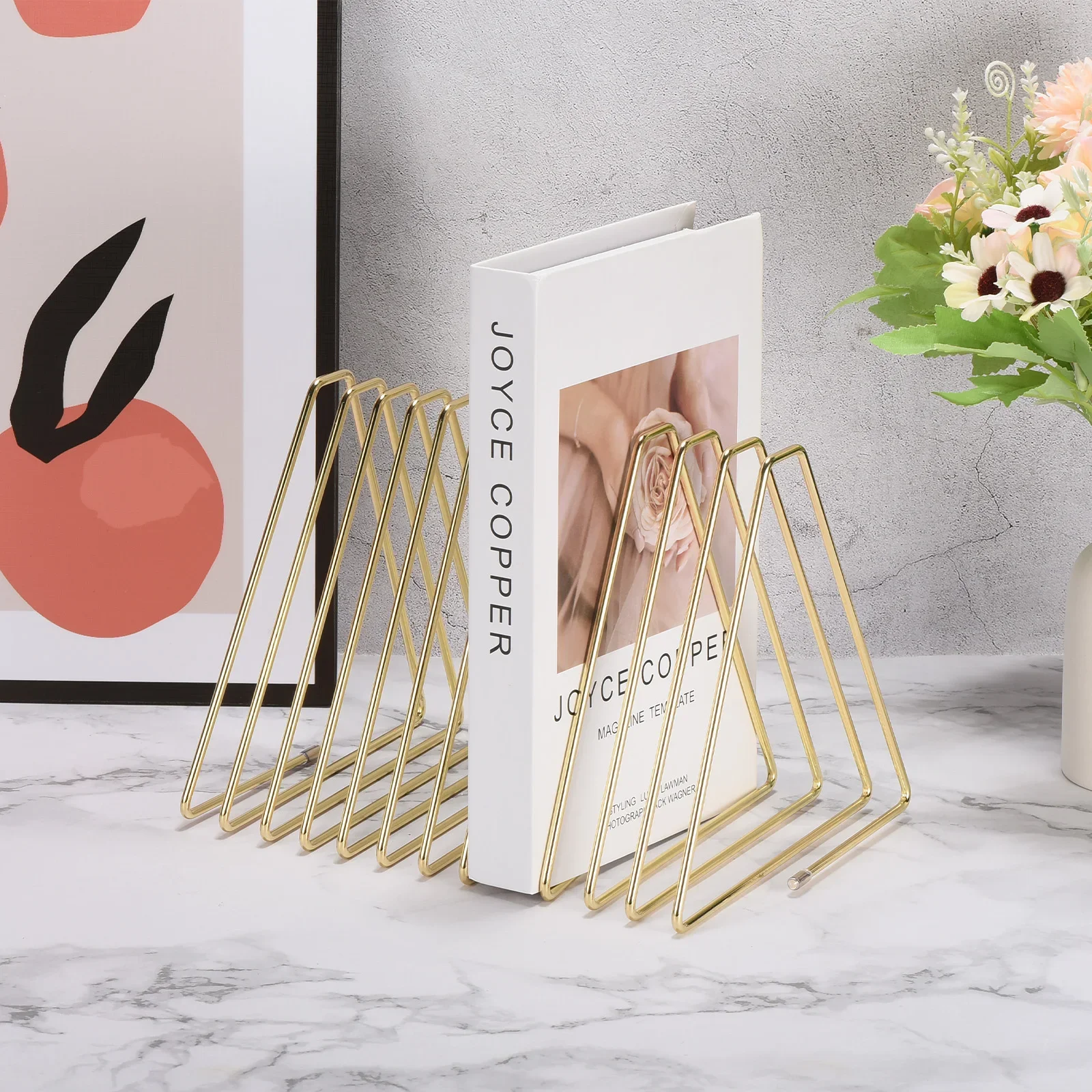 Triangle Desktop Holder Rack 7/11Slots Metal Wire Stand Triangle Bookshelf for Record Album Magazine Book File Organizer