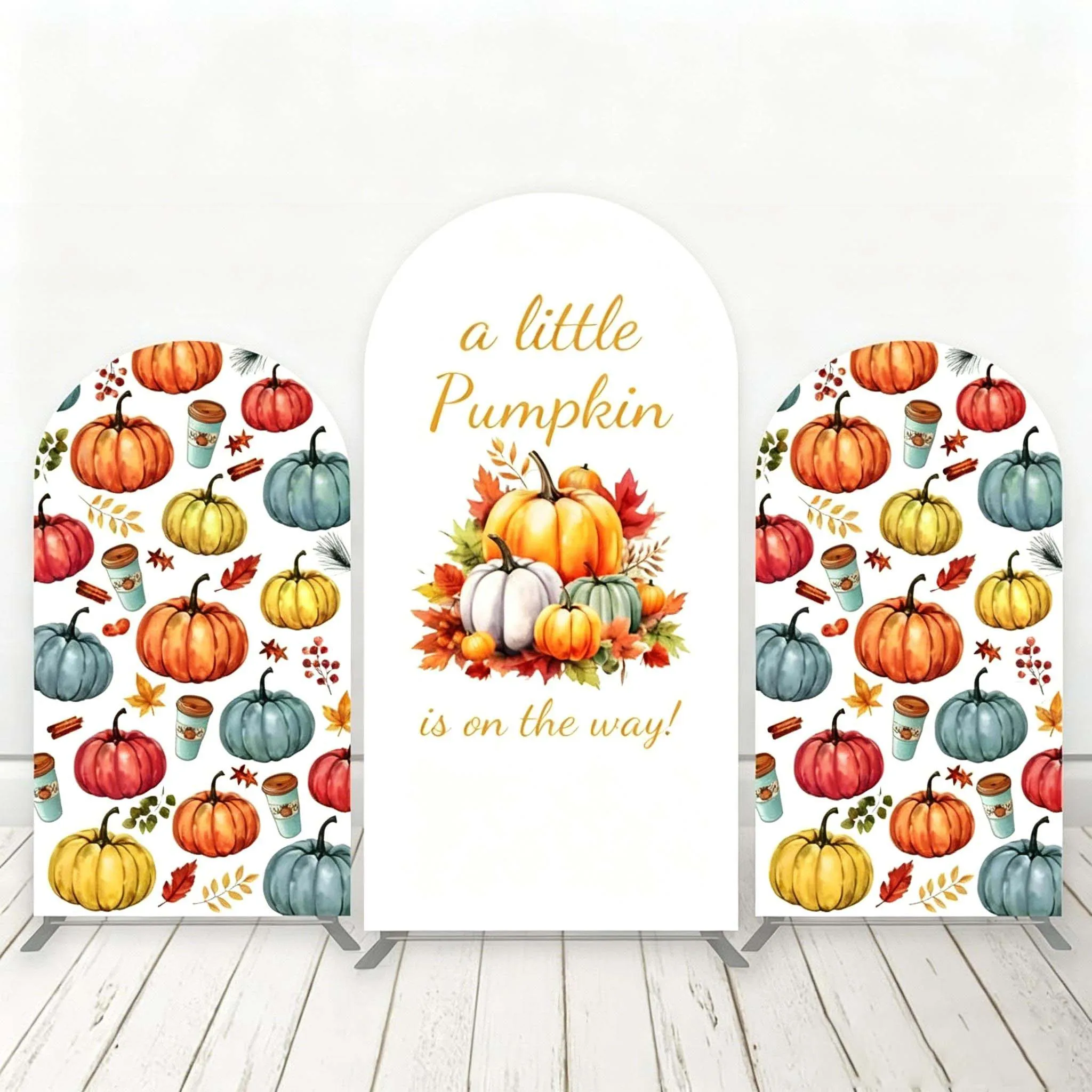 Custom 2-Side Pumpkin Baby Shower Arch Backdrop Cover Autumn Floral Print Arch Background, Thanksgiving Gender Neutral Photo