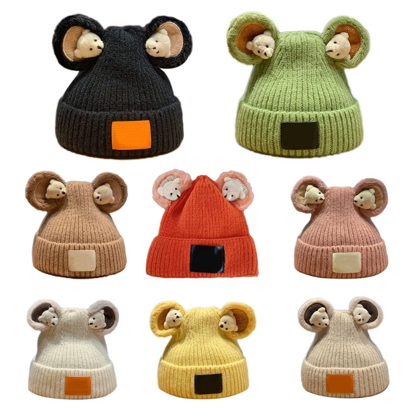 Simple Beanie Hat Cute Bear Knitting Hat Warm Ear Protect Winter Hat Thermal for Spring Fall Daily Wear Morning Workout