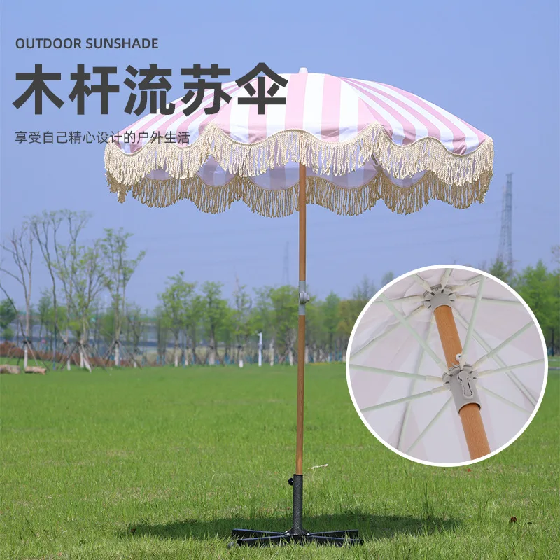 

Wooden pole fringed umbrella outdoor sun protection beach umbrella big sun umbrella beach seaside pool courtyard camping parasol