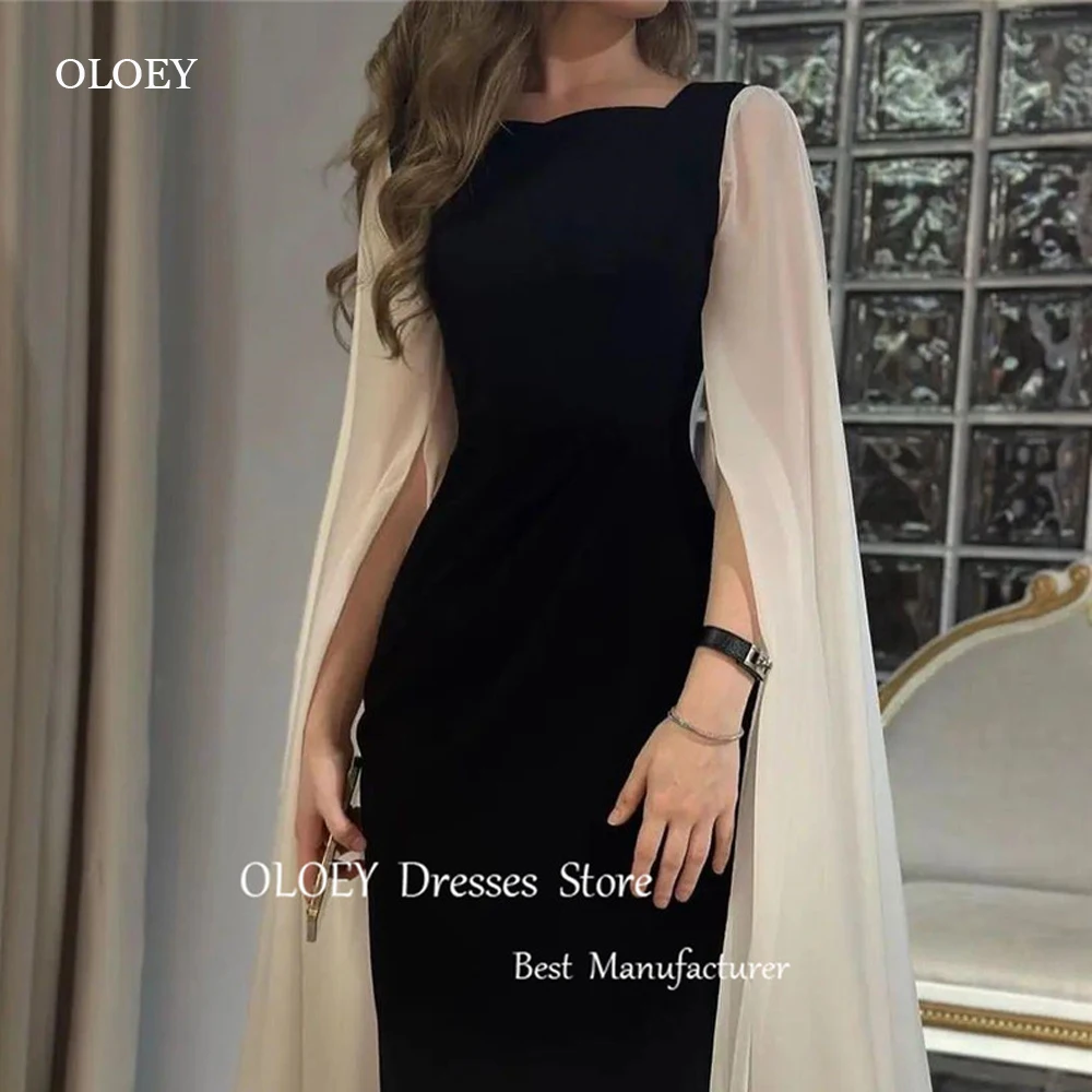 

OLOEY Simple A Line Black Evening Dresses Formal Occasion Gowns Square Neck Long Cape Sleeves Prom Gowns Party Vestidos 2024