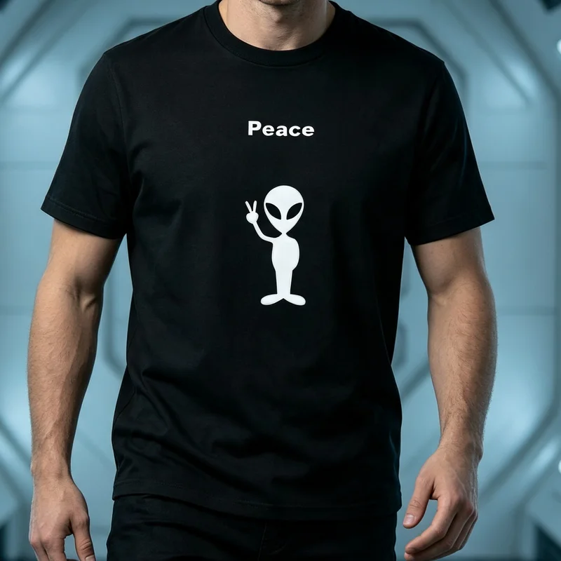 Peace Sign Alien Minimalist Space Graphic T Shirt Funny Sci-Fi Cotton Tee Casual Streetwear UFO Extraterrestrial Fans Men Women