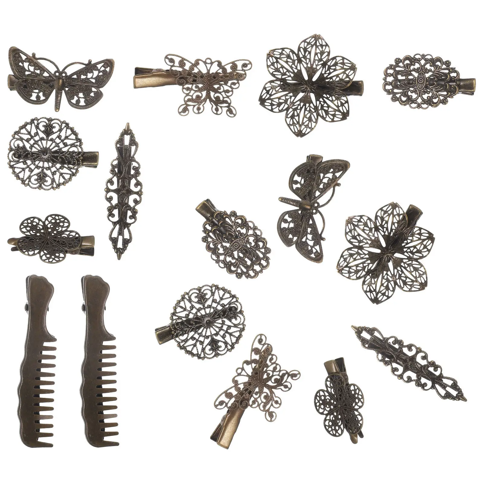 16Pcs Vintage Hairpins Bronze Retro Duckbill Barrettes Metal Hair Clips Romantic Elegant Design for Headbands Clothing Styling