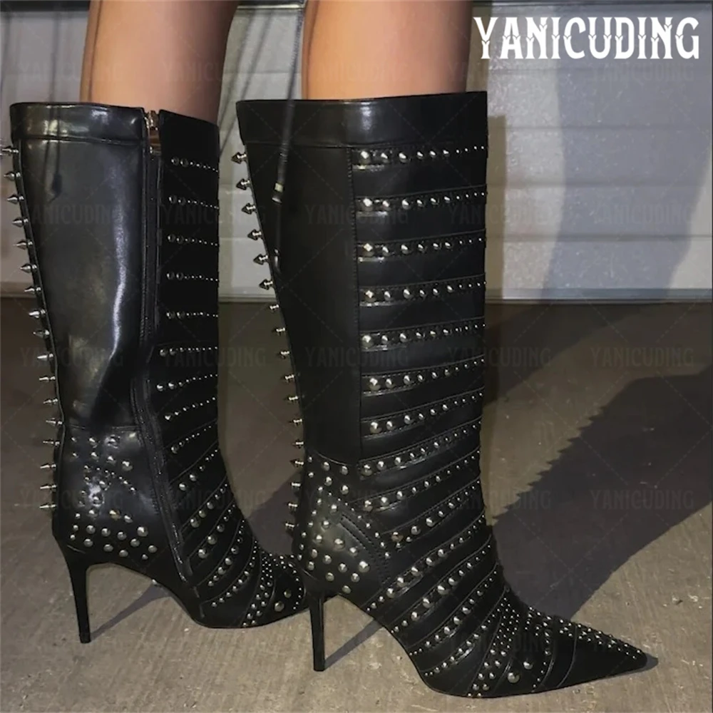 

Rhinestone and Studded Knee Boots Silver Tone Spike Rivet Black Leather Boots Sexy Punk Style Pointed Stiletto Boots for Women