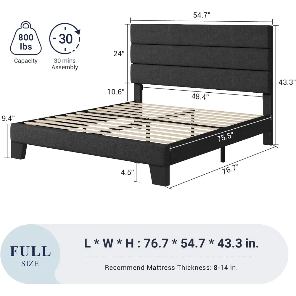 Allewie Full Size Platform Bed Frame with Fabric Upholstered Headboard and Wooden Slats Support, Fully Upholstered Mattress