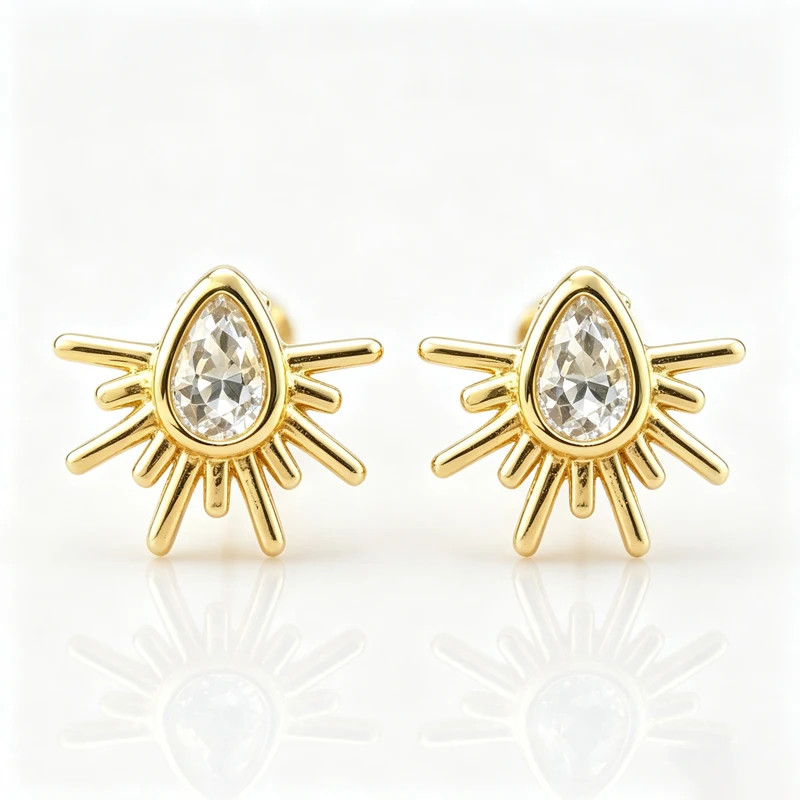 Two‑Tone Mini Sunburst Zircon Stud Earrings for Women, Teardrop Center Stone Radiant Rays Pierced Earrings, Celestial Jewelry