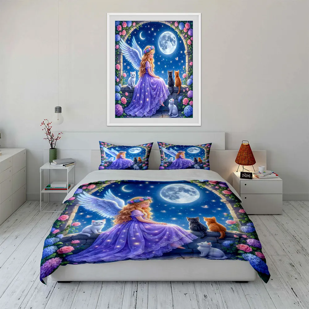 Dreamy Night with Angel and Cats Print Soft Comfortable Duvet Cover Bedding Set Included 1*Duvet Cover  2*Pillowcases