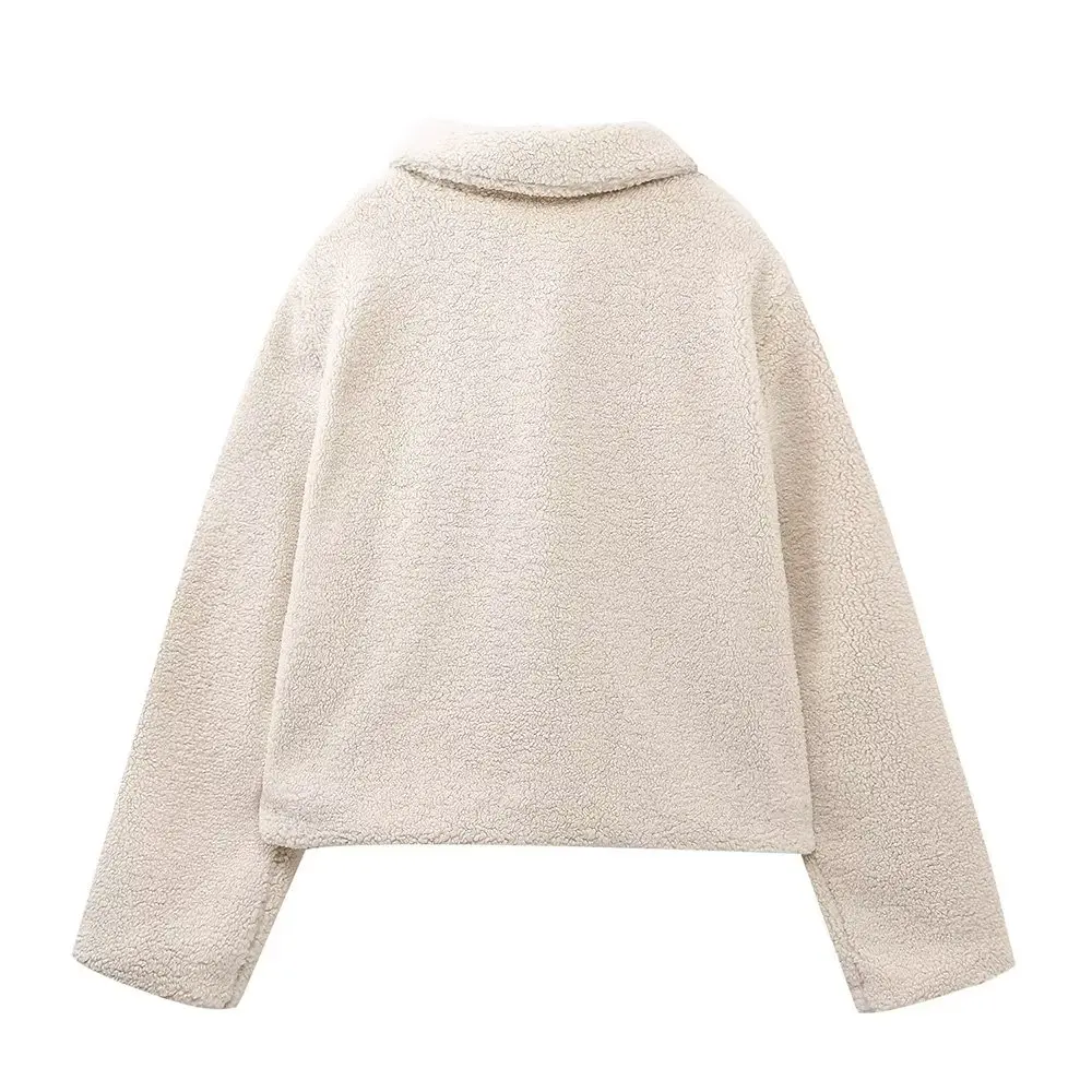 

Jenny&Dave Contrast Single Breasted Casual Jacket Women Tops French Fashion Ladies Elegant Beige Round Neck Fleece Coat