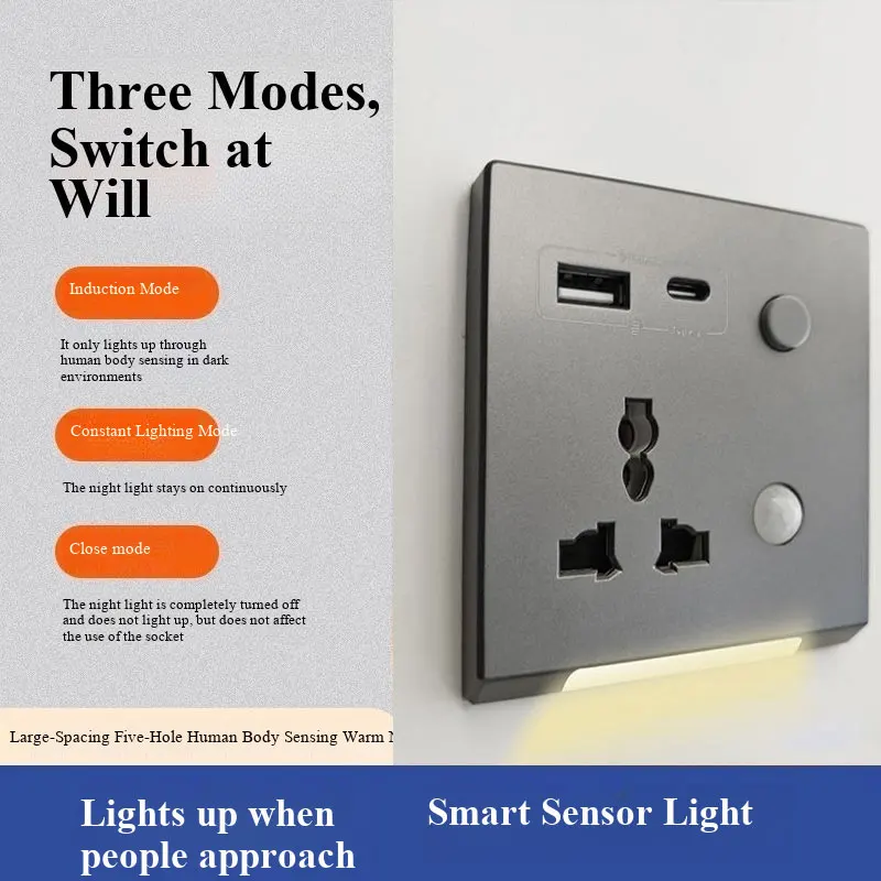Universal Embedded British Standard Wall Socket 3/5-Pin with USB Type-C 3.1A Fast Charging And Adjustable Night Light