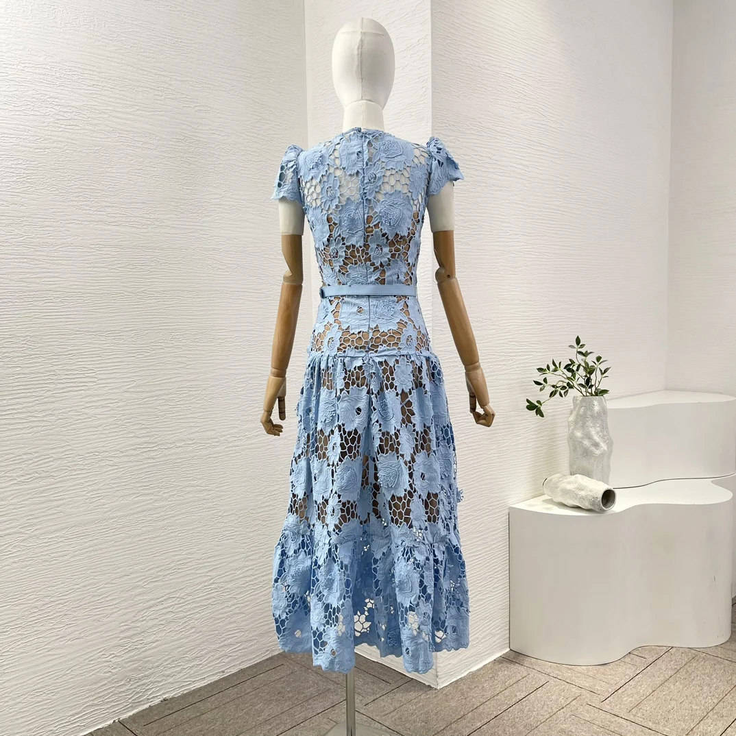 2024 New Fall Puff Sleeve Hollow Out Holes Round Neck Embroidery Short Sleeve Blue Midi Dress