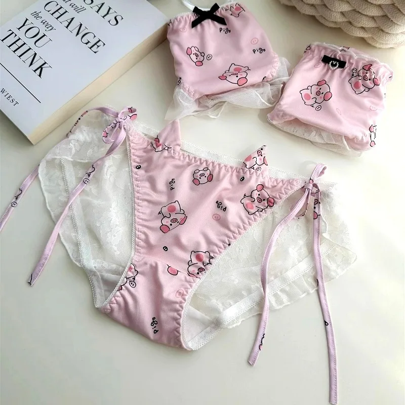 

Cute Pig Sexy Panties for Girls Lace Smooth Strap Underwear Cotton Crotch Briefs Kwaii Pink Women Bikini Hombre Lingerie Трусы